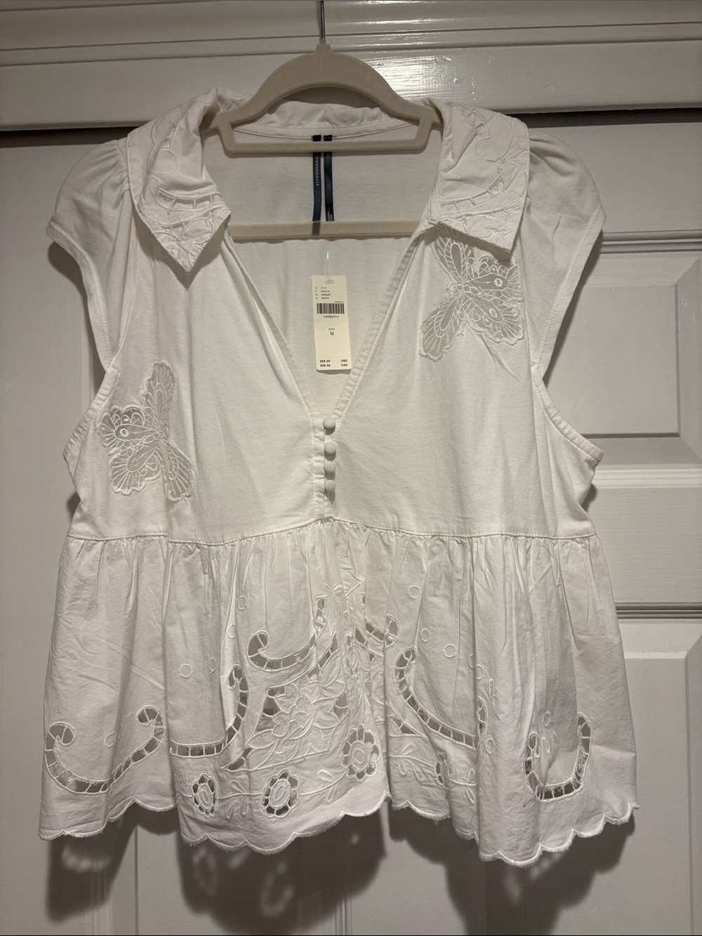 Anthropologie White Embroidered Button-Front Peplum Top